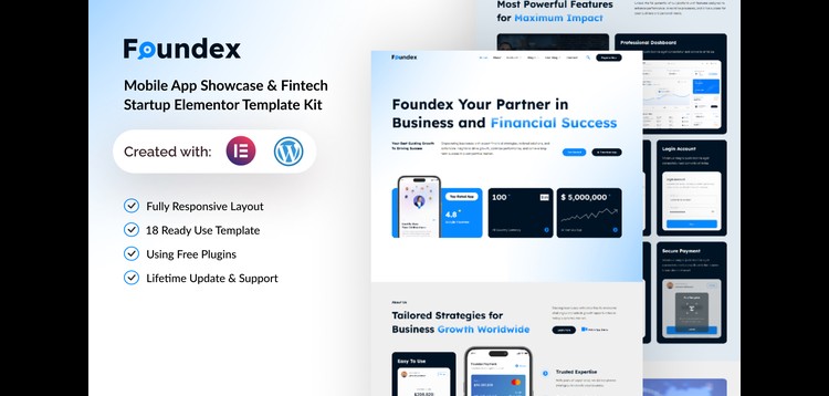 Item cover for download Foundex - Mobile App Showcase & Fintech Startup Elementor Template Kit