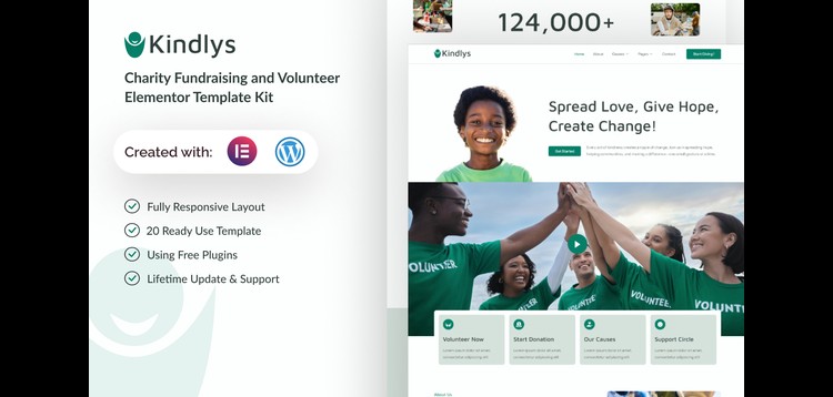 Item cover for download Kindlys - Charity Fundraising & Volunteer Elementor Template Kit