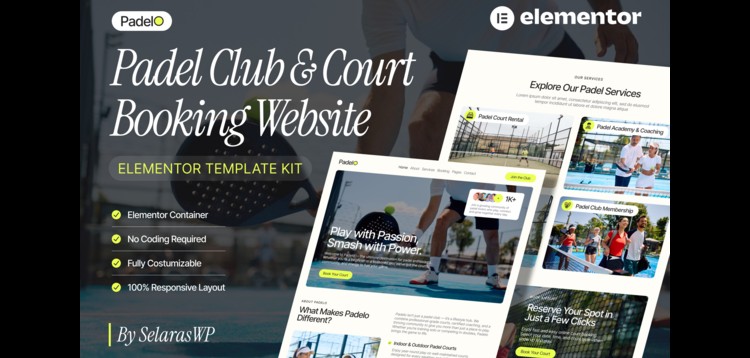 Item cover for download Padelo - Padel Club & Court Booking Elementor Pro Template Kit