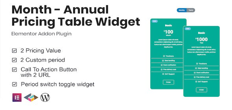 Elementor Price Table. Elementor WORDPRESS Table widgets. Informer in Table. Period button.